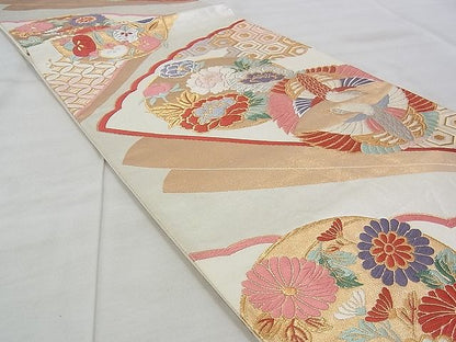 平和屋着物◎六通柄袋帯 唐織 向かい鳥花丸文 金銀糸 逸品 BAAJ3283if