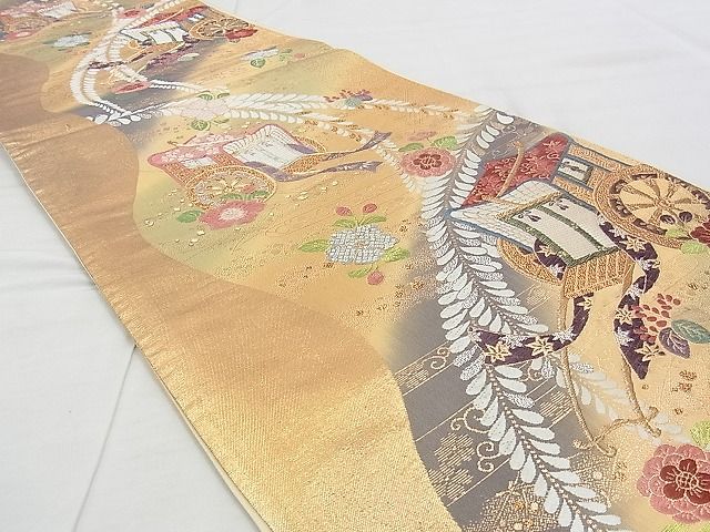 平和屋着物◎六通柄袋帯 唐織 御所車草花文 金銀糸 逸品 BAAJ3298if