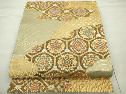 平和屋着物◎六通柄袋帯 唐織 雲取り正倉院花文 金糸 逸品 CAAE7515in