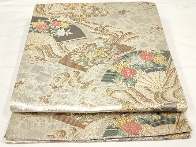 平和屋着物◎六通柄袋帯 唐織 扇面吉祥花文 金銀糸 正絹 逸品 AAAK4391Aex