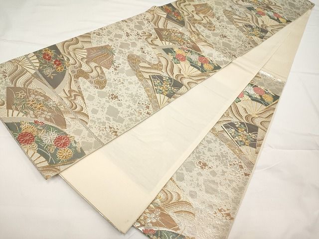 平和屋着物◎六通柄袋帯 唐織 扇面吉祥花文 金銀糸 正絹 逸品 AAAK4391Aex