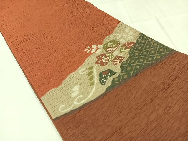 平和屋着物◎太鼓柄袋帯 九百錦京みやび ふくれ織り 草花文 正絹 逸品 AAAK8748Bdt
