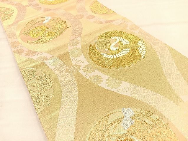 平和屋着物◎六通柄袋帯 唐織 立涌花鳥丸文 松喰い鶴 金銀糸 逸品 BAAJ6992sa