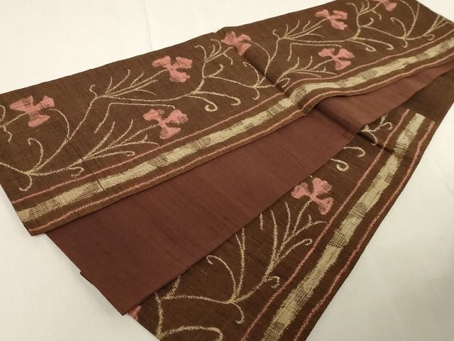 平和屋着物◎六通柄袋帯 紬織地 草花文 正絹 逸品 AAAL9750Adw