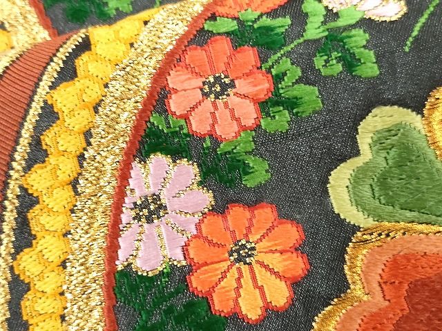 平和屋着物■六通柄袋帯　唐織　正倉院花丸文　黒地　金糸　逸品　CAAQ1234egm