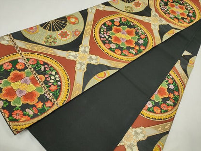 平和屋着物■六通柄袋帯　唐織　正倉院花丸文　黒地　金糸　逸品　CAAQ1234egm