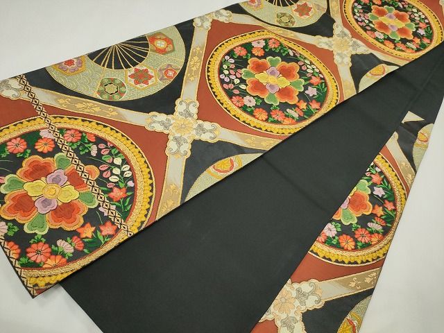 平和屋着物■六通柄袋帯　唐織　正倉院花丸文　黒地　金糸　逸品　CAAQ1234egm