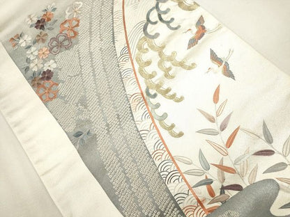 平和屋着物■六通太鼓柄袋帯 刺繍 流水飛鶴花文 金銀糸 逸品 CAAG2961eg