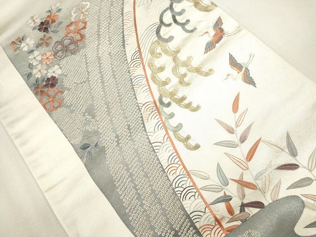 平和屋着物■六通太鼓柄袋帯 刺繍 流水飛鶴花文 金銀糸 逸品 CAAG2961eg