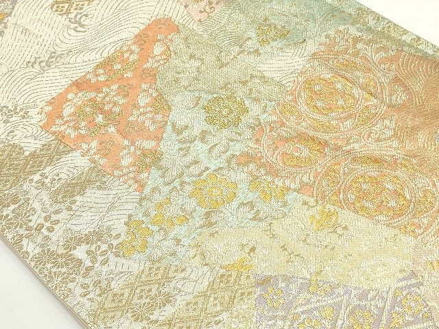 平和屋着物◎六通柄袋帯 色紙吉祥花文 金糸 正絹 逸品 AAAK3396Aru