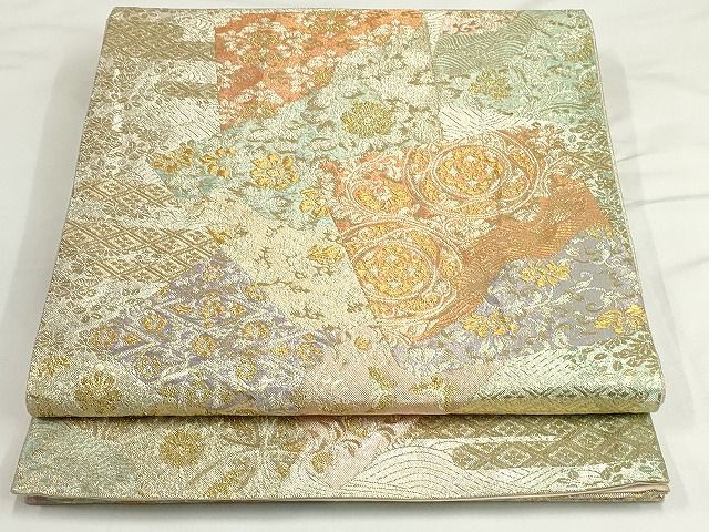 平和屋着物◎六通柄袋帯 色紙吉祥花文 金糸 正絹 逸品 AAAK3396Aru