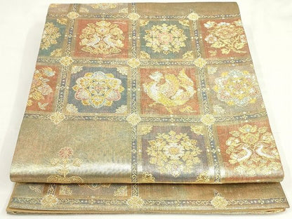 平和屋着物◎六通柄袋帯 正倉院天井花鳥文 金銀糸 正絹 逸品 AAAK3394Aru