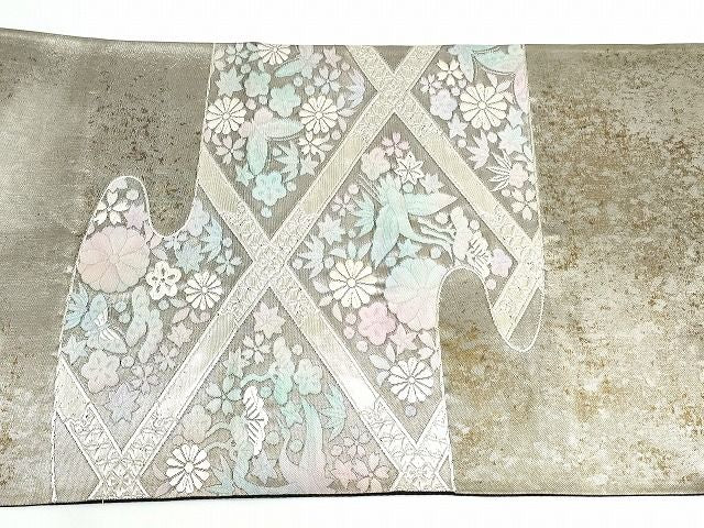 平和屋着物◎太鼓柄袋帯 エ霞天井花文 銀糸 引箔 正絹 逸品 AAAK4941Aru