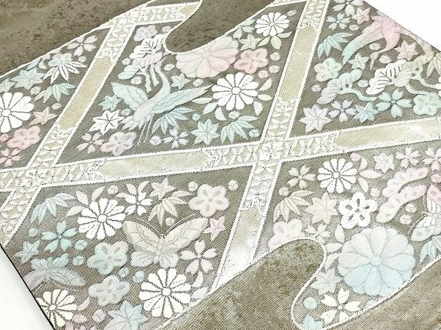 平和屋着物◎太鼓柄袋帯 エ霞天井花文 銀糸 引箔 正絹 逸品 AAAK4941Aru