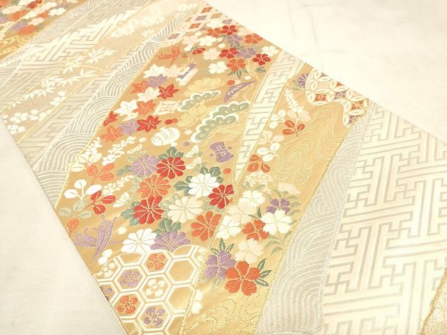 平和屋着物◎六通柄袋帯 唐織 吉祥花文 金銀糸 正絹 逸品 AAAL0748Apf