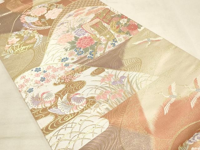 平和屋着物◎六通柄袋帯 唐織 山取桃山小袖 金糸 正絹 逸品 AAAL0741Apf