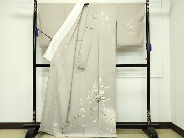 平和屋本店■極上　京加賀友禅　百貫石峰　訪問着　単衣　草花文　蛍暈し　亜麻色地　逸品　未使用　CZAA1006s4