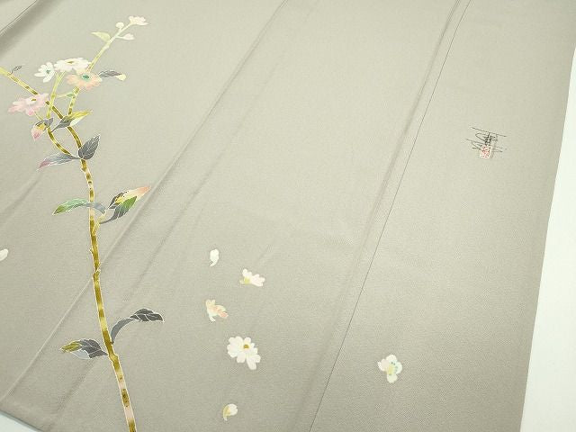 平和屋本店■極上　京加賀友禅　百貫石峰　訪問着　単衣　草花文　蛍暈し　亜麻色地　逸品　未使用　CZAA1006s4