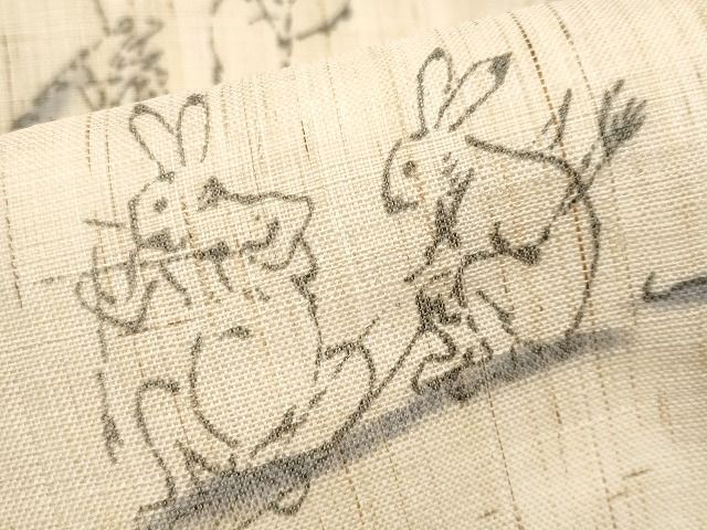 平和屋本店■極上　夏物　ワンタッチつけ帯　手描き　鳥獣戯画　麻　逸品　未使用　CYAA0722s4