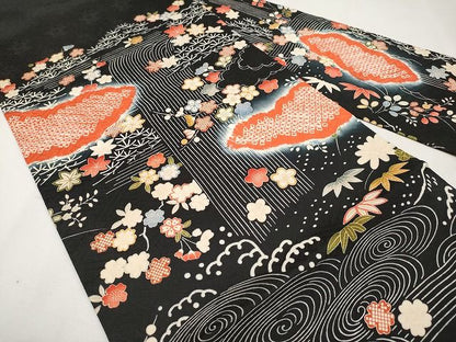 平和屋本店■極上　九寸名古屋帯　絞り　駒刺繍　雲取り流水枝花文　黒地　逸品　未使用　CYAA0717s4