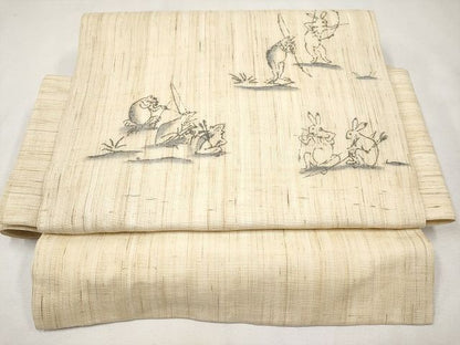 平和屋本店■極上　夏物　ワンタッチつけ帯　手描き　鳥獣戯画　麻　逸品　未使用　CYAA0722s4