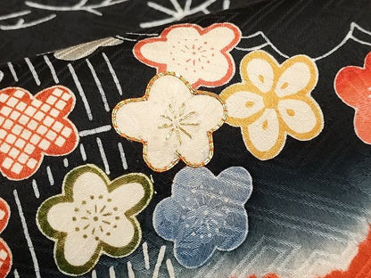 平和屋本店■極上　九寸名古屋帯　絞り　駒刺繍　雲取り流水枝花文　黒地　逸品　未使用　CYAA0717s4