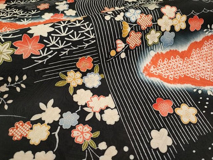 平和屋本店■極上　九寸名古屋帯　絞り　駒刺繍　雲取り流水枝花文　黒地　逸品　未使用　CYAA0717s4