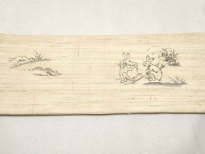 平和屋本店■極上　夏物　ワンタッチつけ帯　手描き　鳥獣戯画　麻　逸品　未使用　CYAA0722s4