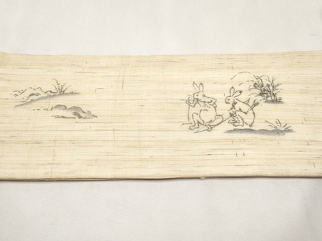 平和屋本店■極上　夏物　ワンタッチつけ帯　手描き　鳥獣戯画　麻　逸品　未使用　CYAA0722s4