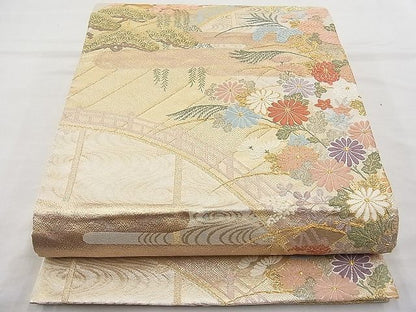 平和屋着物◎六通柄袋帯 唐織 エ霞渡橋流水花文 金銀糸 逸品 BAAJ6952sa