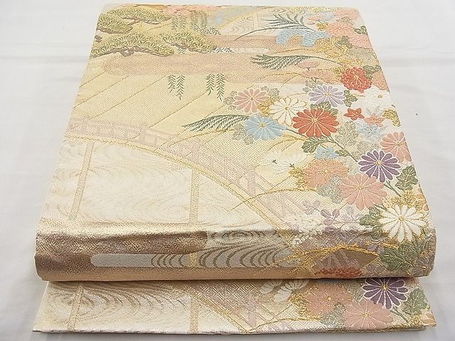 平和屋着物◎六通柄袋帯 唐織 エ霞渡橋流水花文 金銀糸 逸品 BAAJ6952sa