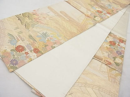 平和屋着物◎六通柄袋帯 唐織 エ霞渡橋流水花文 金銀糸 逸品 BAAJ6952sa