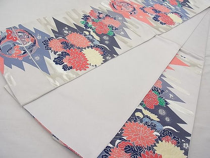 平和屋着物◎六通柄袋帯 唐織 松皮菱草花文 銀糸 逸品 BAAJ6946sa