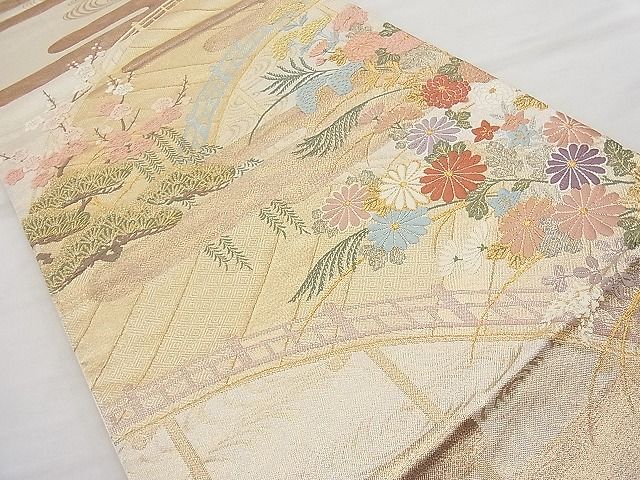 平和屋着物◎六通柄袋帯 唐織 エ霞渡橋流水花文 金銀糸 逸品 BAAJ6952sa