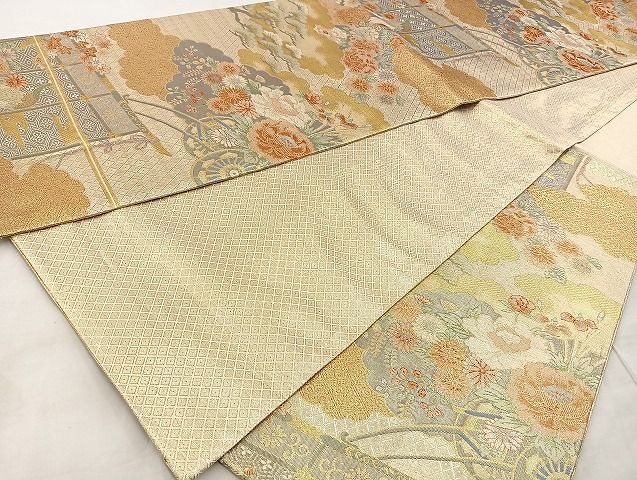 平和屋着物□宝珠本佐賀錦 六通柄袋帯 雲取り花車文