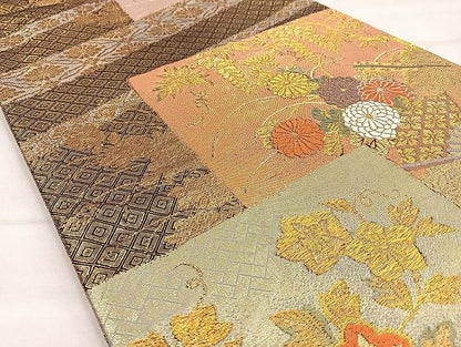 平和屋着物◎佐賀錦 六通柄袋帯 唐織 扇面草花文 金糸 逸品 BAAJ5905ea