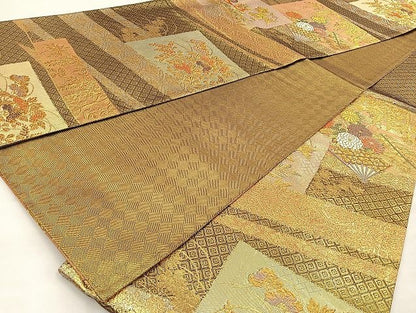 平和屋着物◎佐賀錦 六通柄袋帯 唐織 扇面草花文 金糸 逸品 BAAJ5905ea