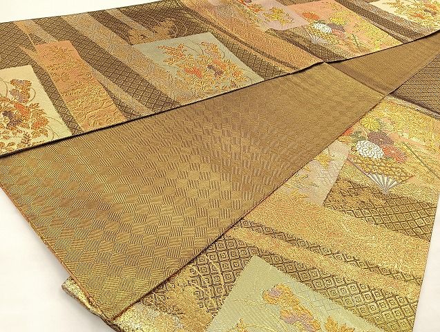 平和屋着物◎佐賀錦 六通柄袋帯 唐織 扇面草花文 金糸 逸品 BAAJ5905ea