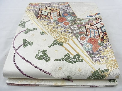 平和屋着物◎六通柄袋帯 唐織 扇面御所車花文 金銀糸 逸品 BAAJ9718cm