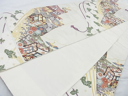平和屋着物◎六通柄袋帯 唐織 扇面御所車花文 金銀糸 逸品 BAAJ9718cm