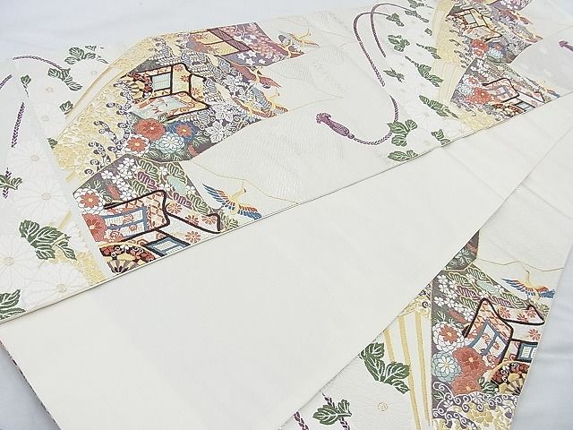平和屋着物◎六通柄袋帯 唐織 扇面御所車花文 金銀糸 逸品 BAAJ9718cm