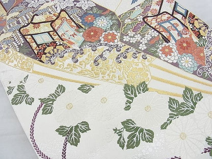 平和屋着物◎六通柄袋帯 唐織 扇面御所車花文 金銀糸 逸品 BAAJ9718cm