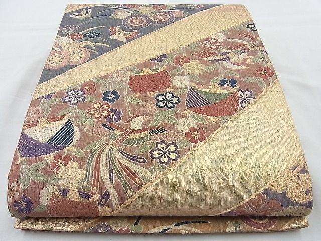 平和屋着物◎六通柄袋帯 唐織 有職花蝶文 金糸 逸品 BAAJ9727cm