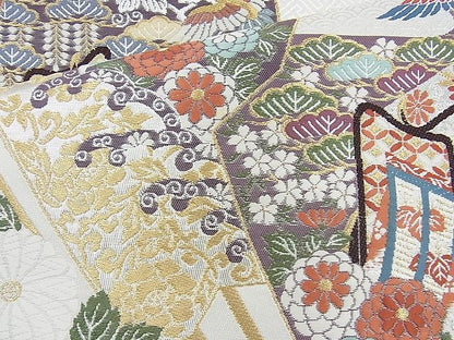 平和屋着物◎六通柄袋帯 唐織 扇面御所車花文 金銀糸 逸品 BAAJ9718cm