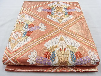 平和屋着物◎六通柄袋帯 唐織 双鶴菱文様 金糸 逸品 BAAJ9730cm