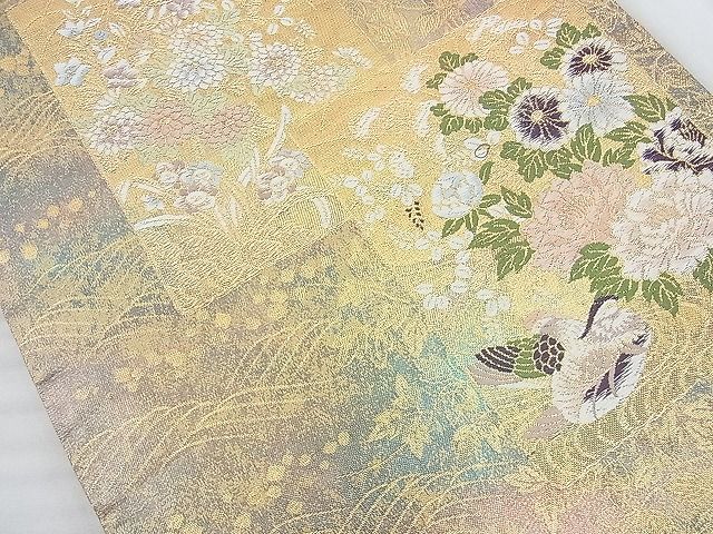 平和屋着物◎六通柄袋帯 唐織 色紙花鳥文 金糸 逸品 BAAJ9757cm