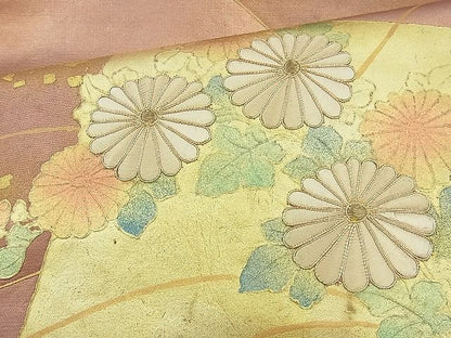 平和屋着物◎太鼓柄袋帯 駒刺繍 破れ色紙秋草文 金彩 逸品 未使用 BAAJ9777cm