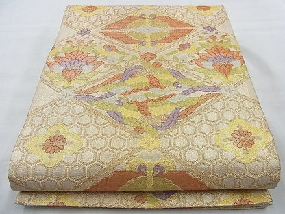 平和屋着物◎佐賀錦 六通柄袋帯 鳳凰向かい蝶菱文様 金糸 逸品 BAAJ9778cm