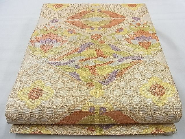 平和屋着物◎佐賀錦 六通柄袋帯 鳳凰向かい蝶菱文様 金糸 逸品 BAAJ9778cm