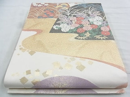 平和屋着物◎六通柄袋帯 唐織 流水遠山秋草文 金糸 逸品 BAAJ9796cm